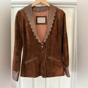 Womens Brown Suede Blazer Jacket w scolloped leather lapels & cuffs. Sz XS